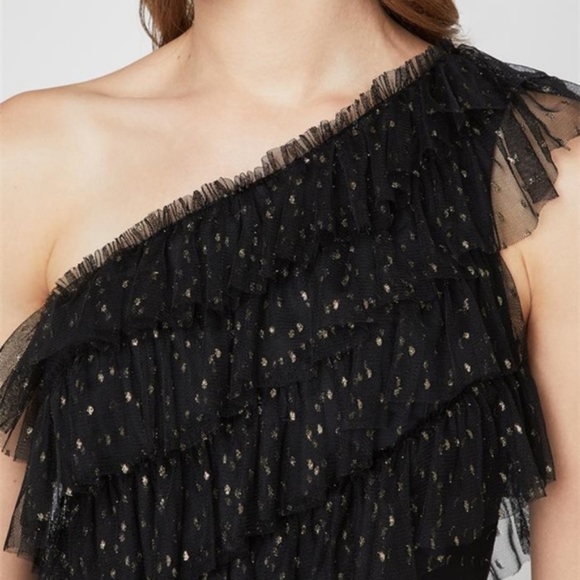 Bcbgmaxazria Dress Ruffles Layered Black Gold One Shoulder Party Prom Nightout - Picture 3 of 16